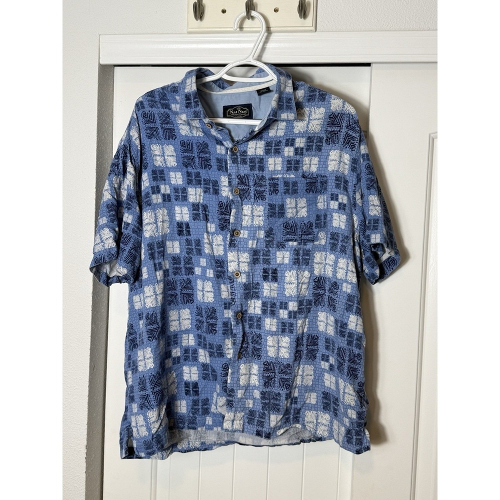 Nat Nast Mens Shirt XL Blue Geometric Short Sleeve Button Up Silk Cotton Casual